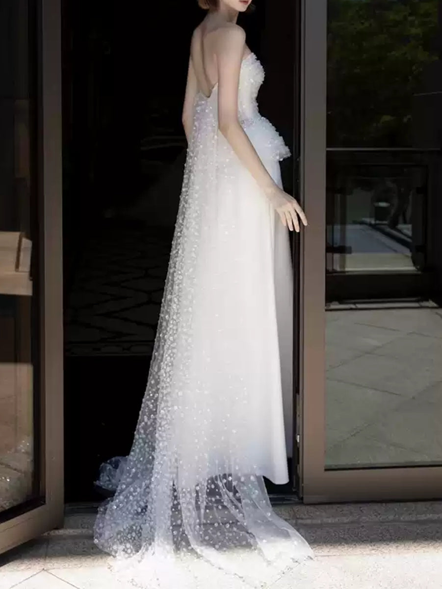 White Strapless Sleeveless A-Line Wedding Dresses Featuring Lace Appliques