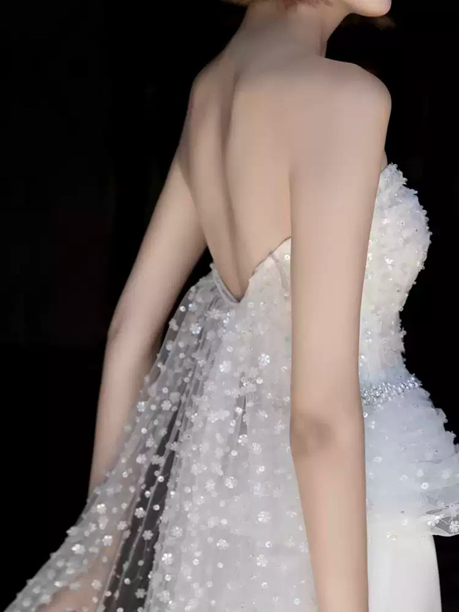 White Strapless Sleeveless A-Line Wedding Dresses Featuring Lace Appliques