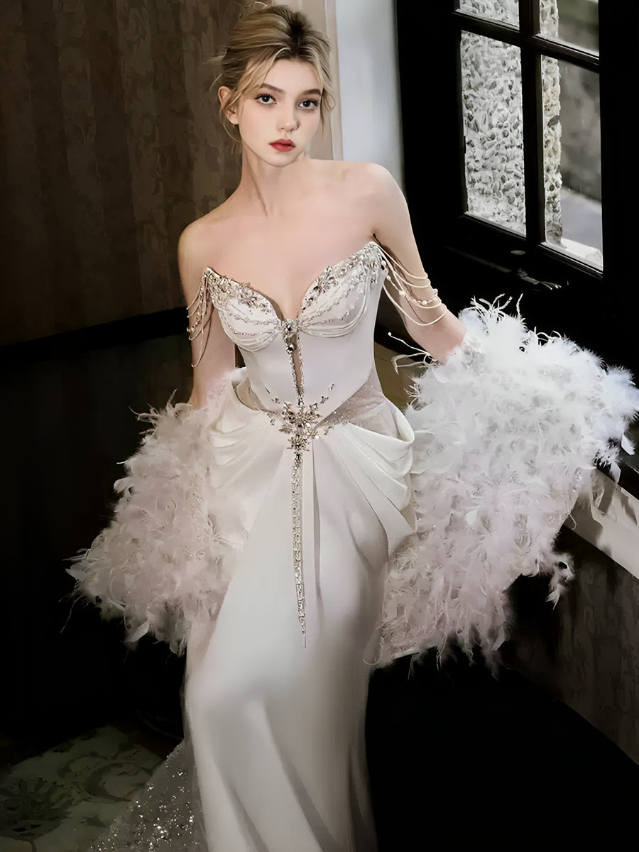 Elegant Off-the-Shoulder Wedding Dresses with Beadings, Chains & Feather in Trumpet/Mermaid Silhouette-BMbridal.UK