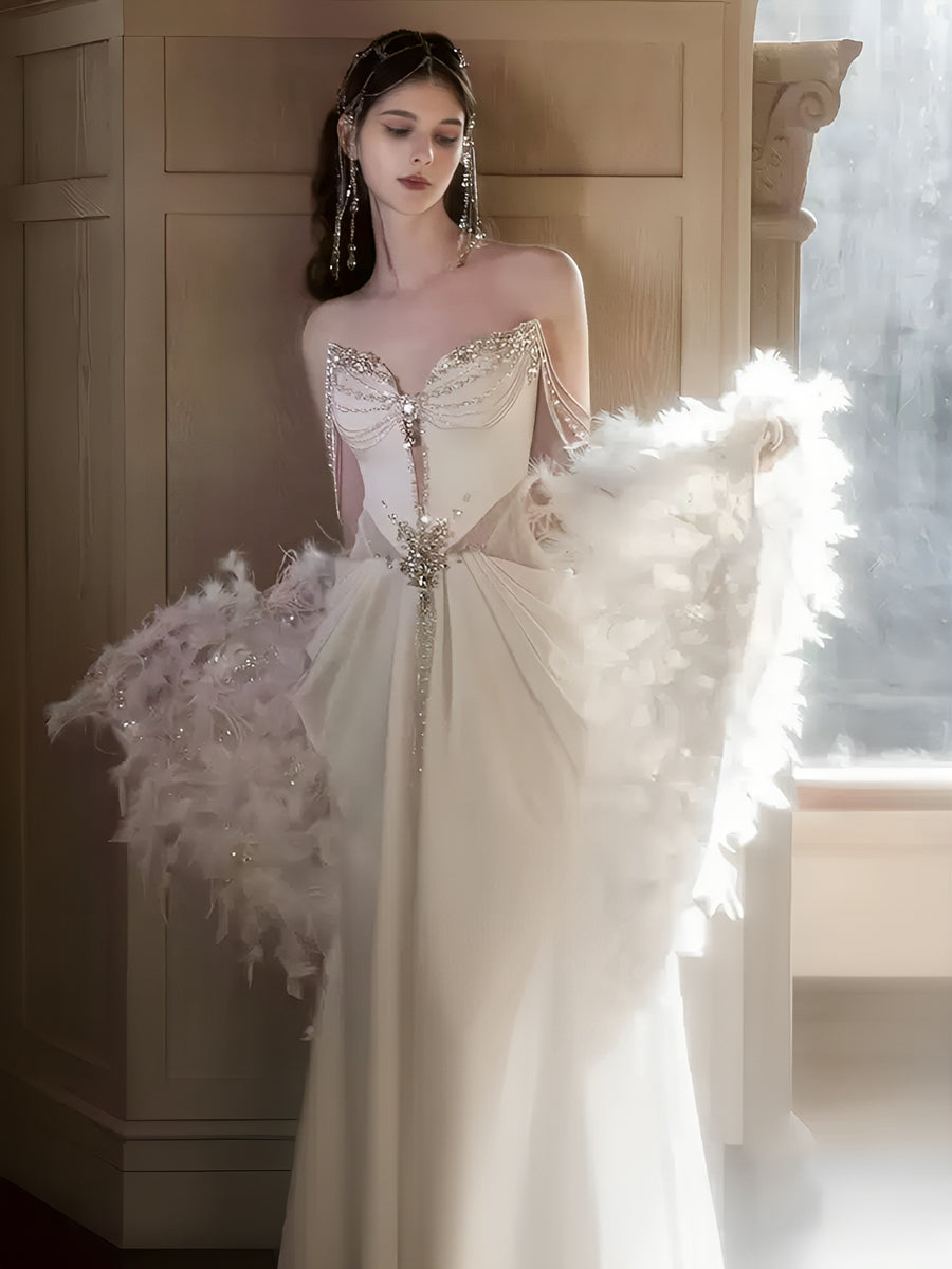 Elegant Off-the-Shoulder Wedding Dresses with Beadings, Chains & Feather in Trumpet/Mermaid Silhouette-BMbridal.UK
