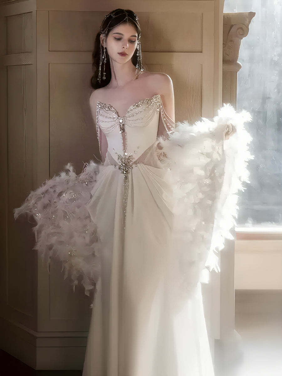 Elegant Off-the-Shoulder Wedding Dresses with Beadings, Chains & Feather in Trumpet/Mermaid Silhouette-BMbridal.UK