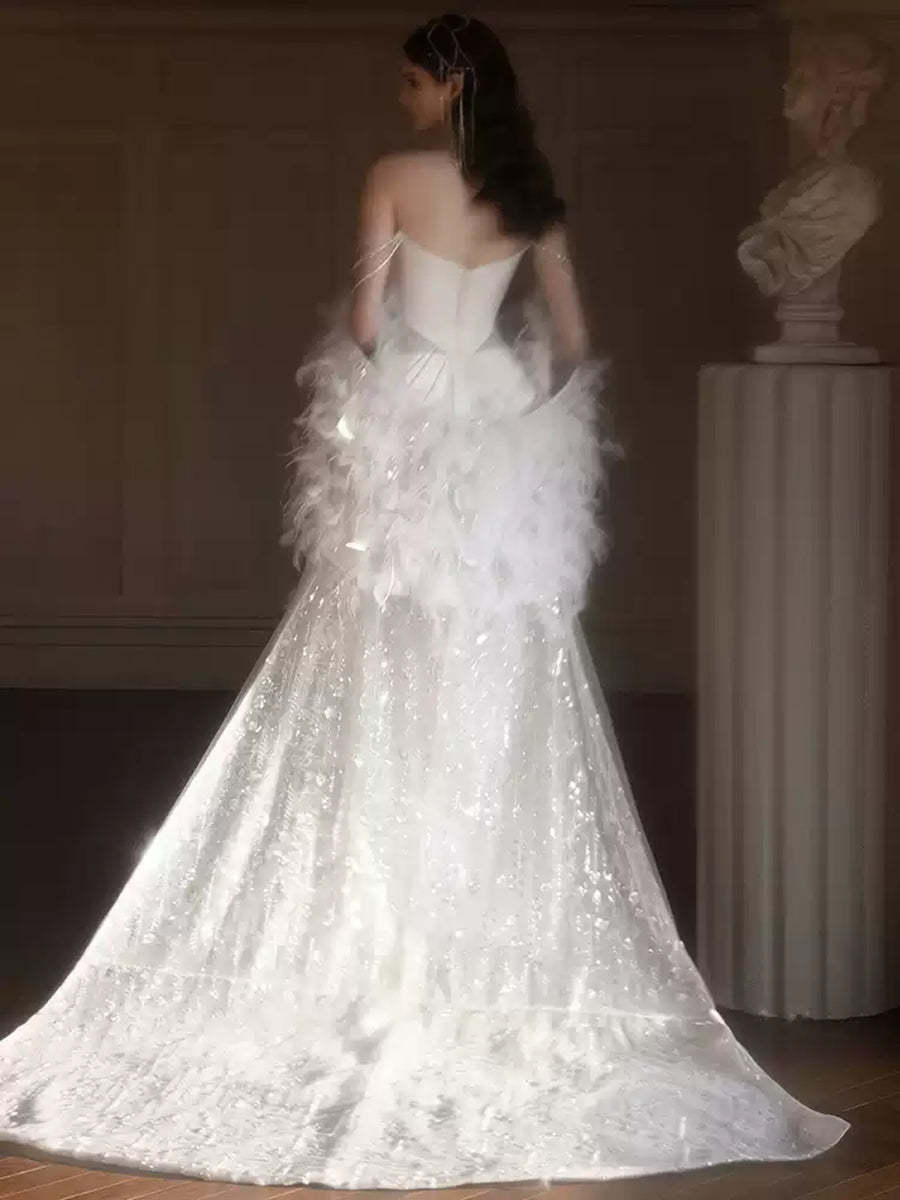 Elegant Off-the-Shoulder Wedding Dresses with Beadings, Chains & Feather in Trumpet/Mermaid Silhouette-BMbridal.UK