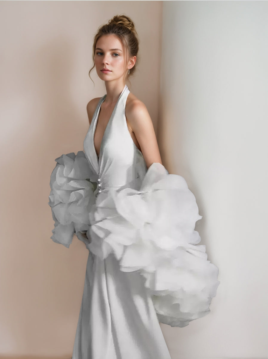 White Retro Trumpet/Mermaid Sleeveless Wedding Dresses with Pearl Accents and Pleats