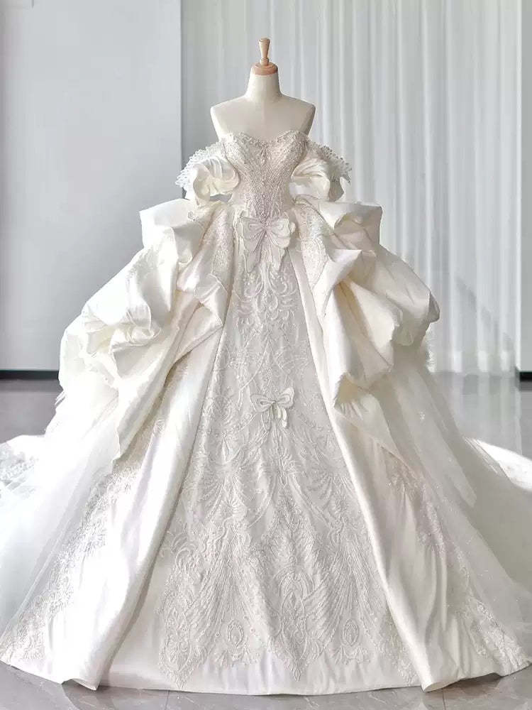 White Satin Off-the-Shoulder Ball Gown Wedding Dresses with Appliques and Beadings