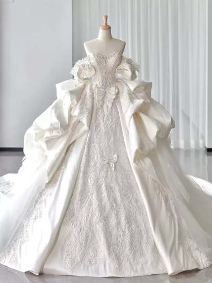 White Satin Off-the-Shoulder Ball Gown Wedding Dresses with Appliques and Beadings