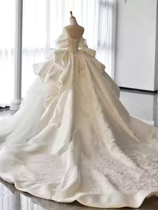 White Satin Off-the-Shoulder Ball Gown Wedding Dresses with Appliques and Beadings