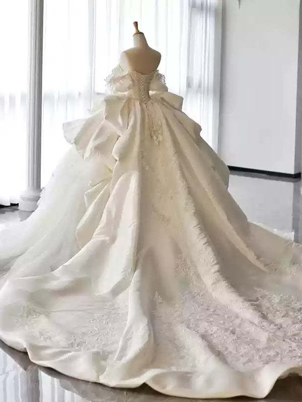 White Satin Off-the-Shoulder Ball Gown Wedding Dresses with Appliques and Beadings