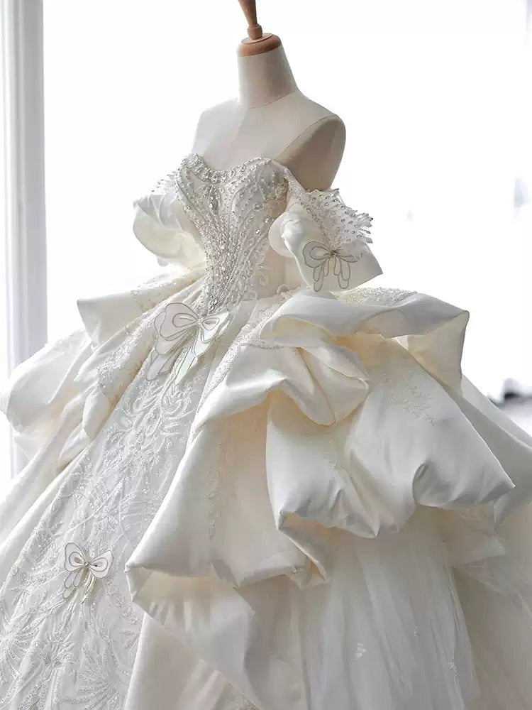 White Satin Off-the-Shoulder Ball Gown Wedding Dresses with Appliques and Beadings