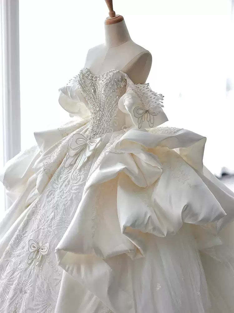 White Satin Off-the-Shoulder Ball Gown Wedding Dresses with Appliques and Beadings