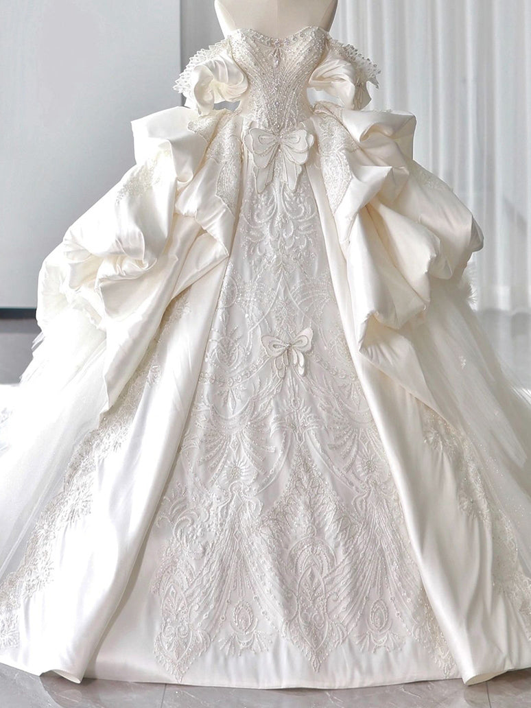 White Satin Off-the-Shoulder Ball Gown Wedding Dresses with Appliques and Beadings