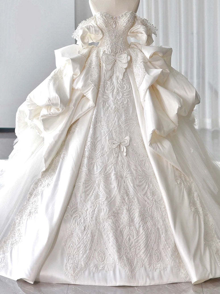 White Satin Off-the-Shoulder Ball Gown Wedding Dresses with Appliques and Beadings