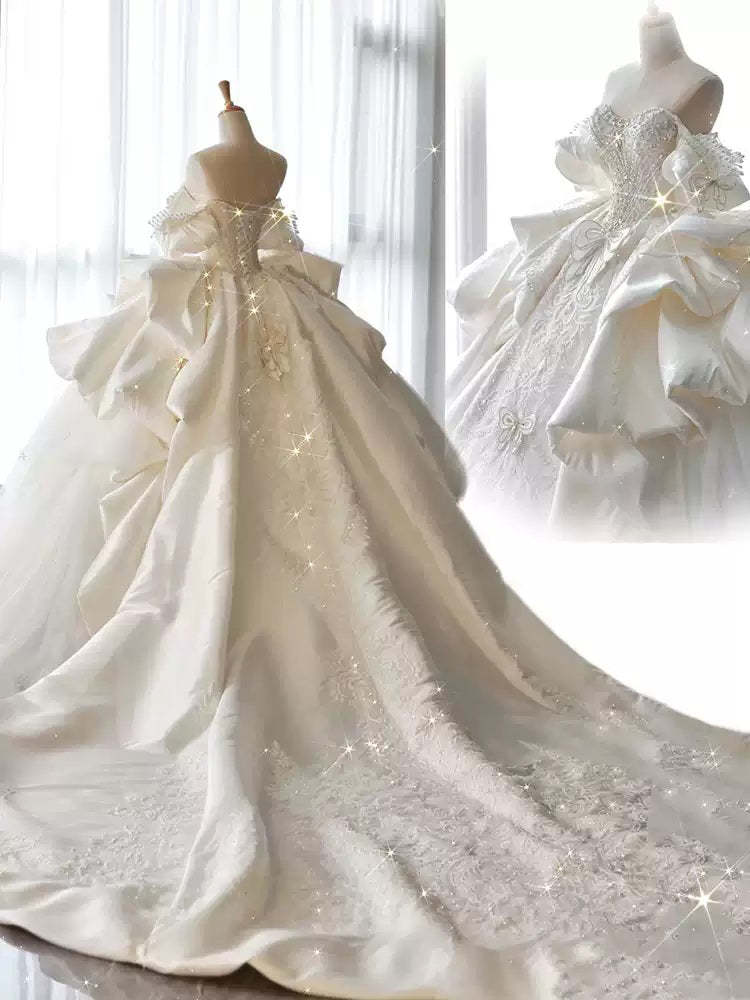 White Satin Off-the-Shoulder Ball Gown Wedding Dresses with Appliques and Beadings