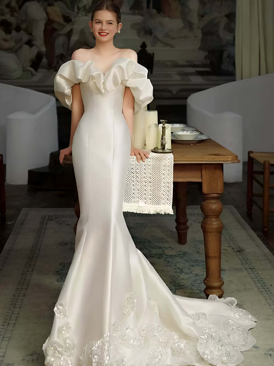 Off-the-Shoulder Satin Wedding Dresses with Embroidery in Trumpet/Mermaid Style