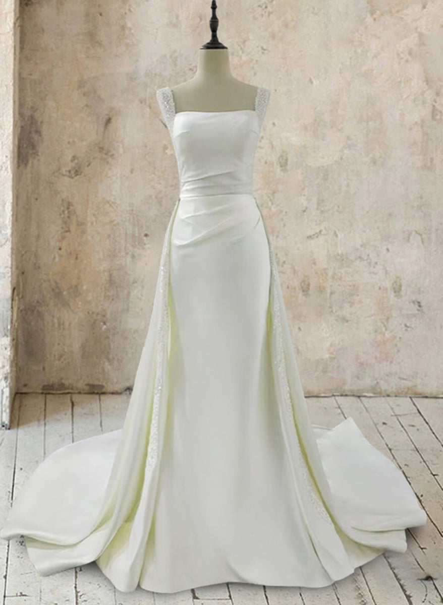 White Square Neck Sleeveless Wedding Dresses with Appliques & Beadings in Trumpet/Mermaid Style