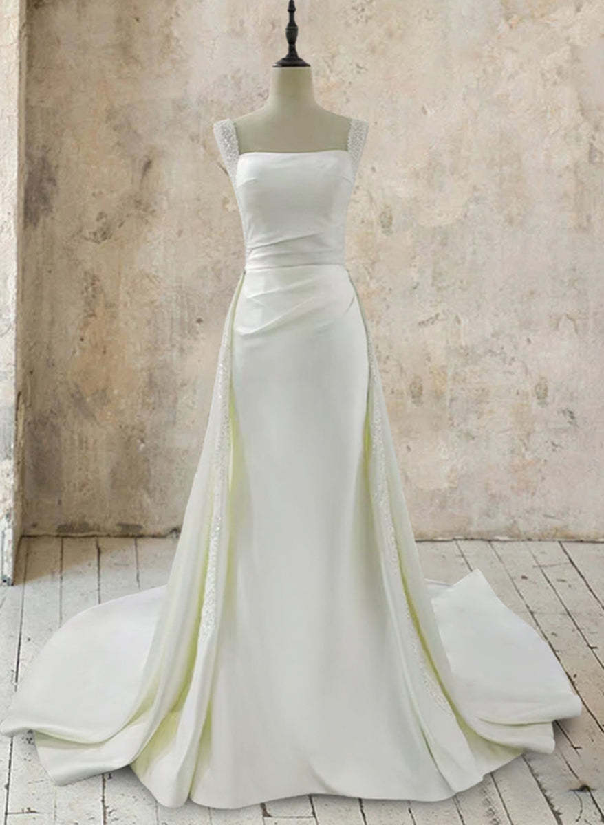 White Square Neck Sleeveless Wedding Dresses with Appliques & Beadings in Trumpet/Mermaid Style