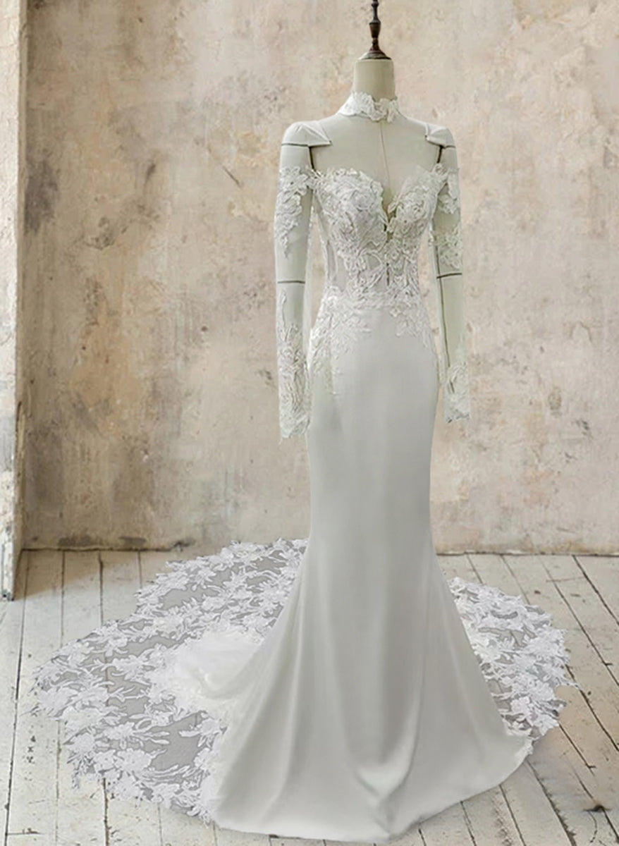 Strapless Long-Sleeve Wedding Dress in Mermaid White with Lace Appliques