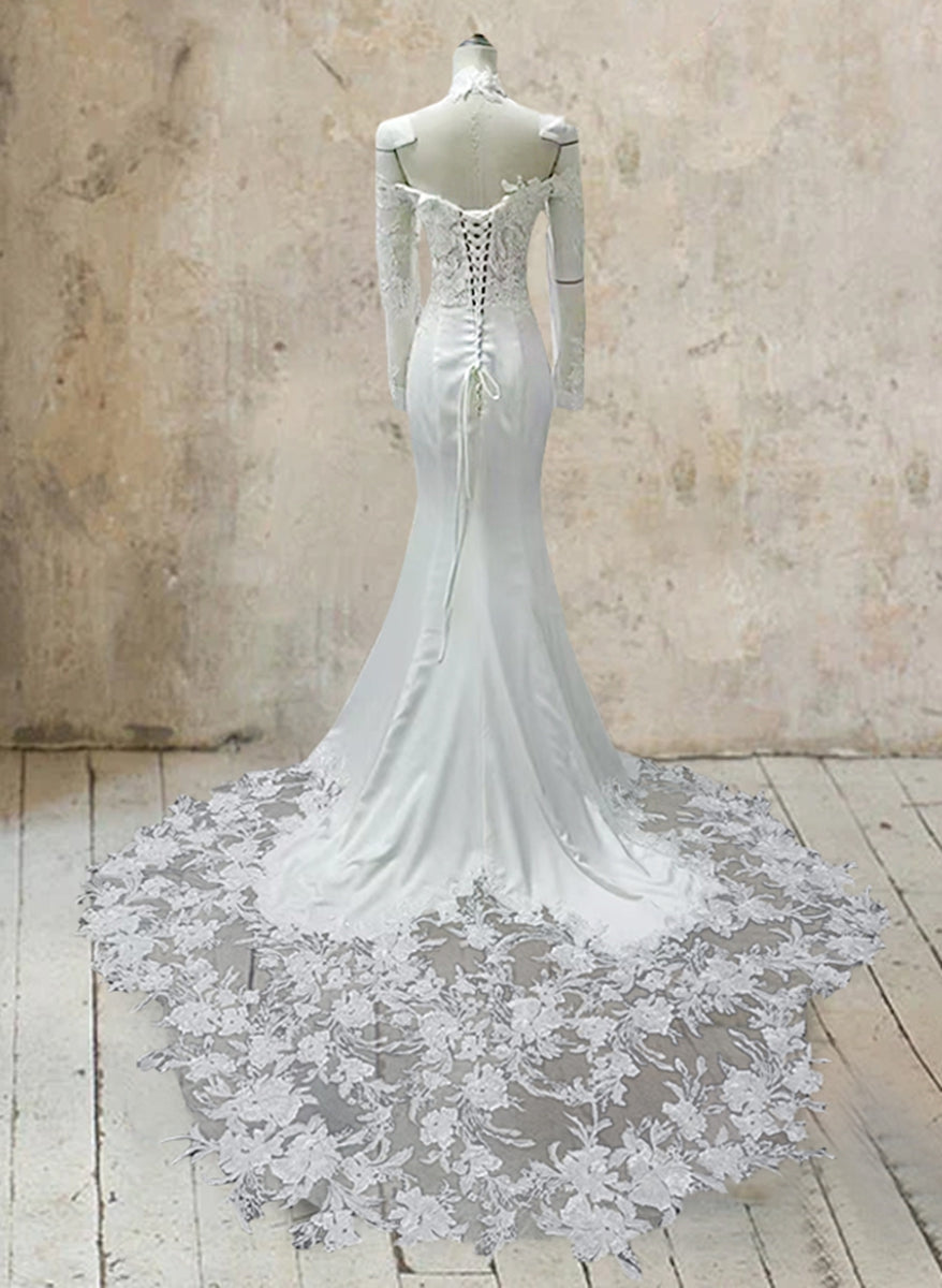 Strapless Long-Sleeve Wedding Dress in Mermaid White with Lace Appliques