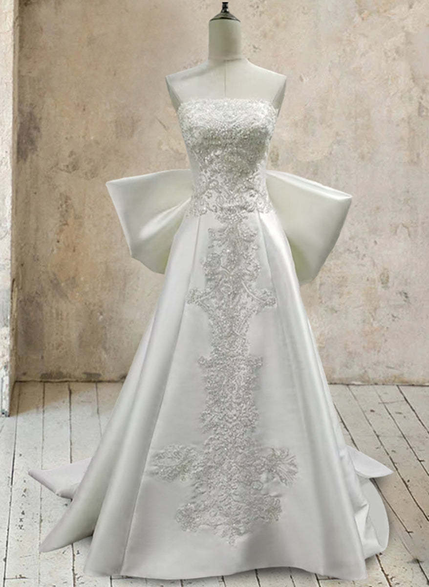 White Satin Strapless Mermaid Wedding Dress with Lace Appliques and Bow