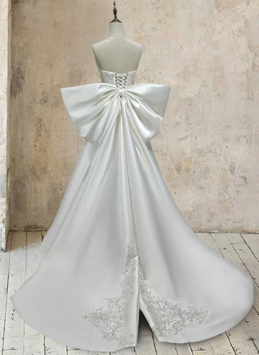 White Satin Strapless Mermaid Wedding Dress with Lace Appliques and Bow