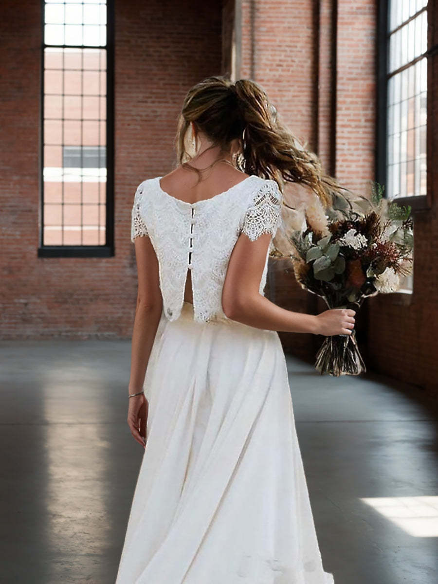 Asymmetrical Scoop Neck A-Line/Princess Wedding Dress with Appliques - Two-Piece Set