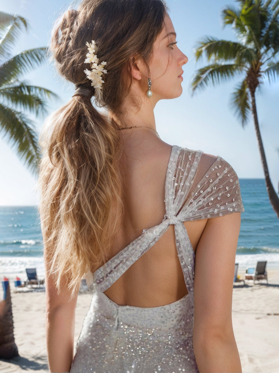 Elegant White One-Shoulder Sequined Sheath Dress for Brides with High Slit