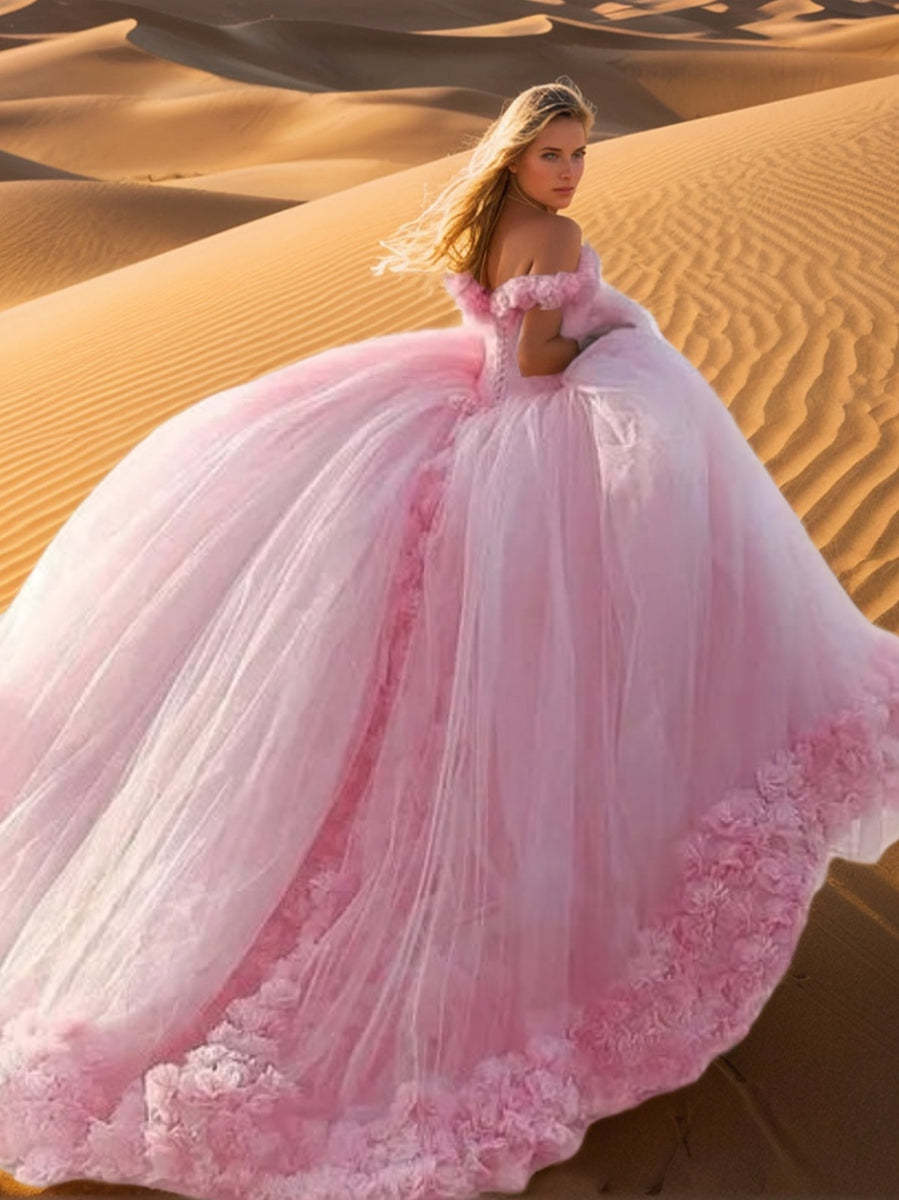 Off-the-Shoulder Sleeveless Embroidered Ball Gown Wedding Dress