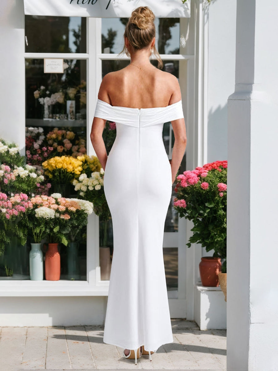 Off-the-Shoulder Sleeveless Wedding Dress with Detachable Bow, Sheath/Column Style