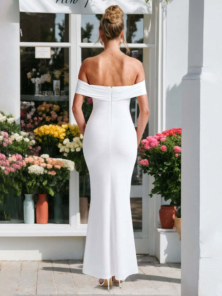 Off-the-Shoulder Sleeveless Wedding Dress with Detachable Bow, Sheath/Column Style