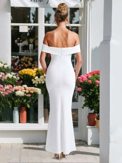 Off-the-Shoulder Sleeveless Wedding Dress with Detachable Bow, Sheath/Column Style