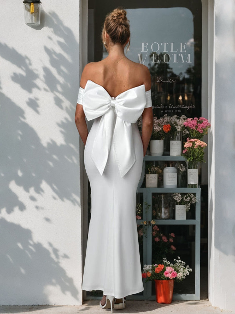 Off-the-Shoulder Sleeveless Wedding Dress with Detachable Bow, Sheath/Column Style