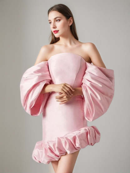 Off-the-Shoulder Ruffled Mini Wedding Dress with 3/4 Sleeves