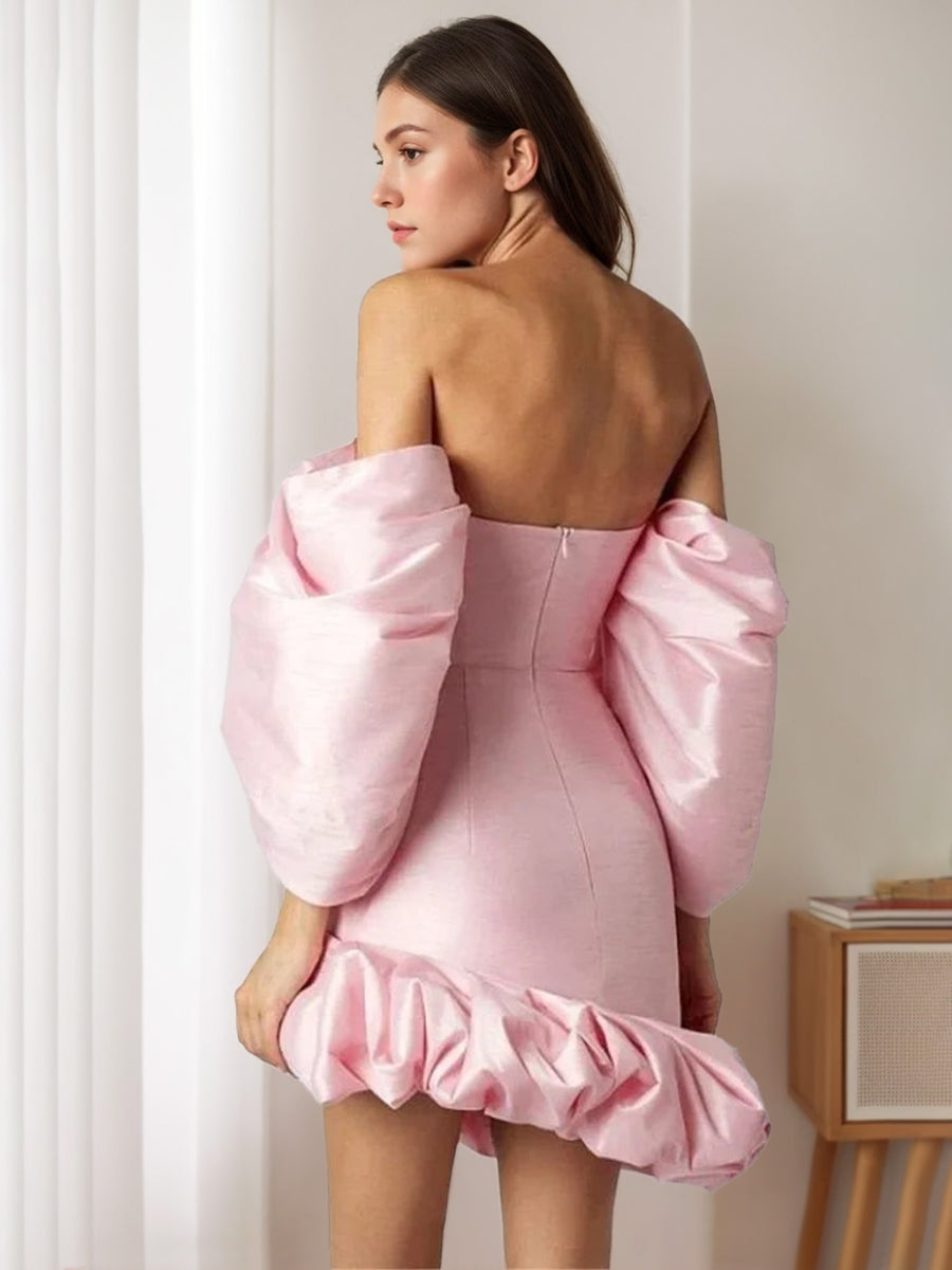 Off-the-Shoulder Ruffled Mini Wedding Dress with 3/4 Sleeves