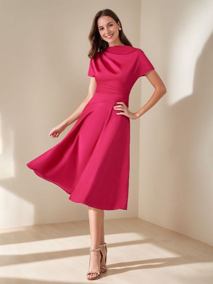 Elegant Knee-Length Wedding Guest Dress with Ruched Detail A-Line/Princess Cut Scoop Neck and Short Sleeves-BMbridal.UK