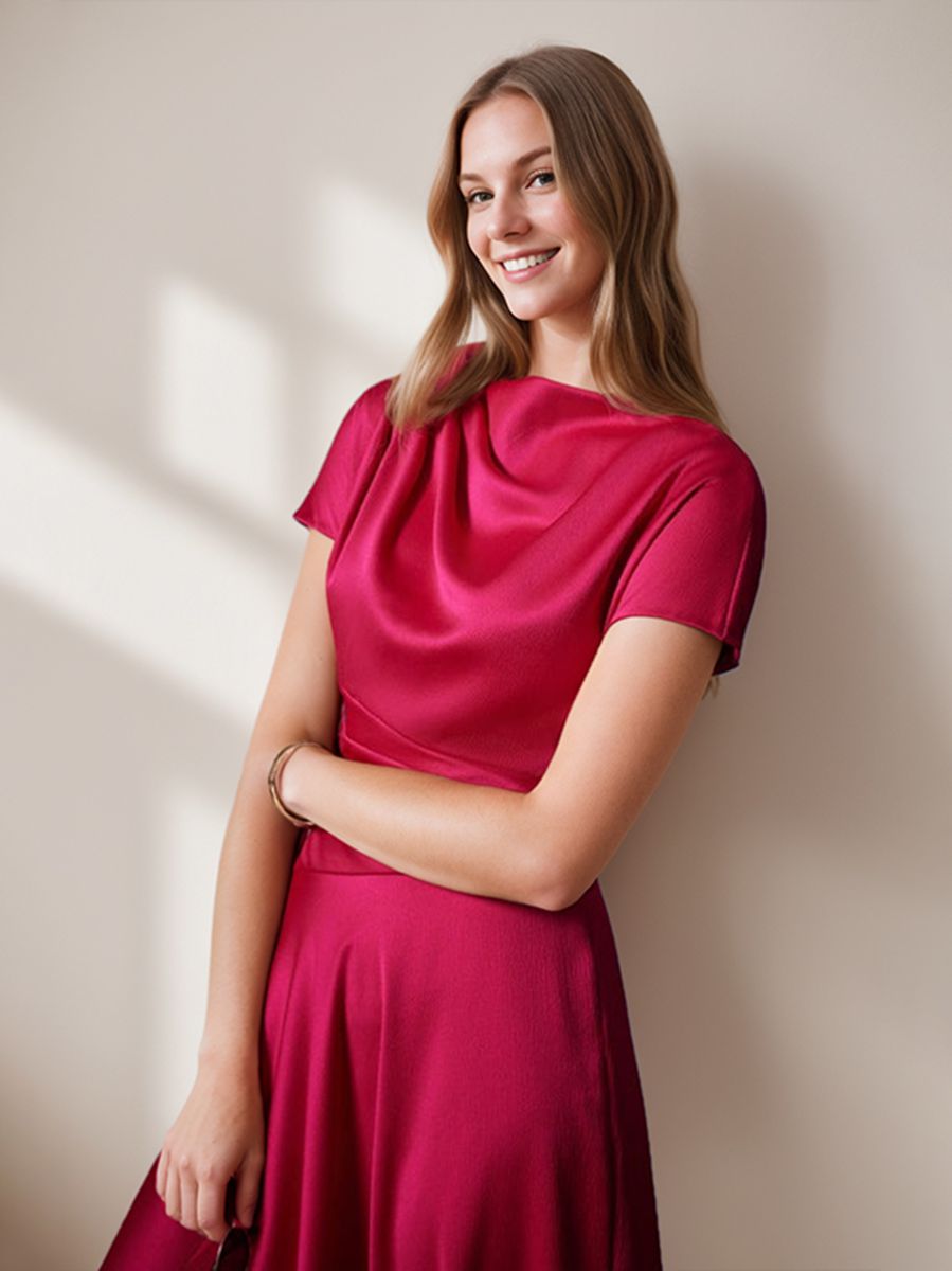 Elegant Knee-Length Wedding Guest Dress with Ruched Detail A-Line/Princess Cut Scoop Neck and Short Sleeves-BMbridal.UK