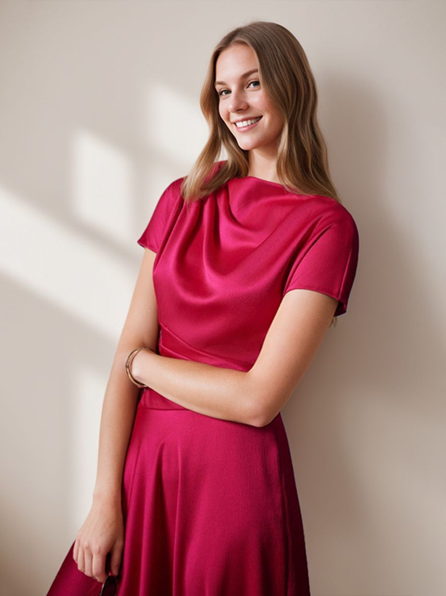 Elegant Knee-Length Wedding Guest Dress with Ruched Detail A-Line/Princess Cut Scoop Neck and Short Sleeves-BMbridal.UK