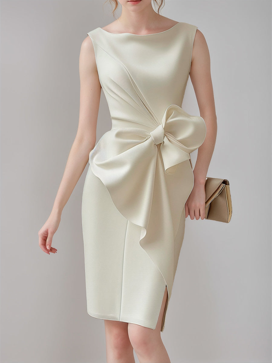 Sleeveless Knee-Length Wedding Dress with Bow and Ruffles in Sheath/Column Style