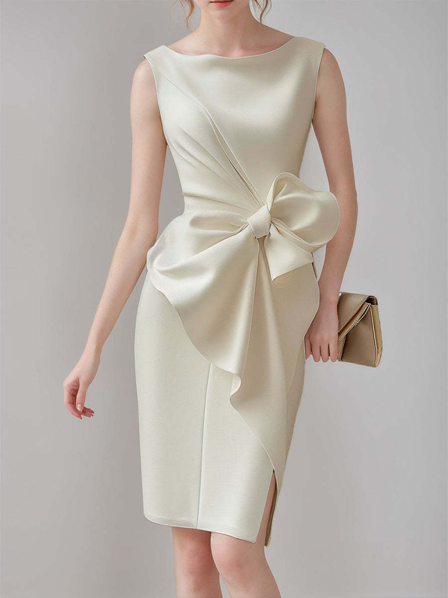 Sleeveless Knee-Length Wedding Dress with Bow and Ruffles in Sheath/Column Style