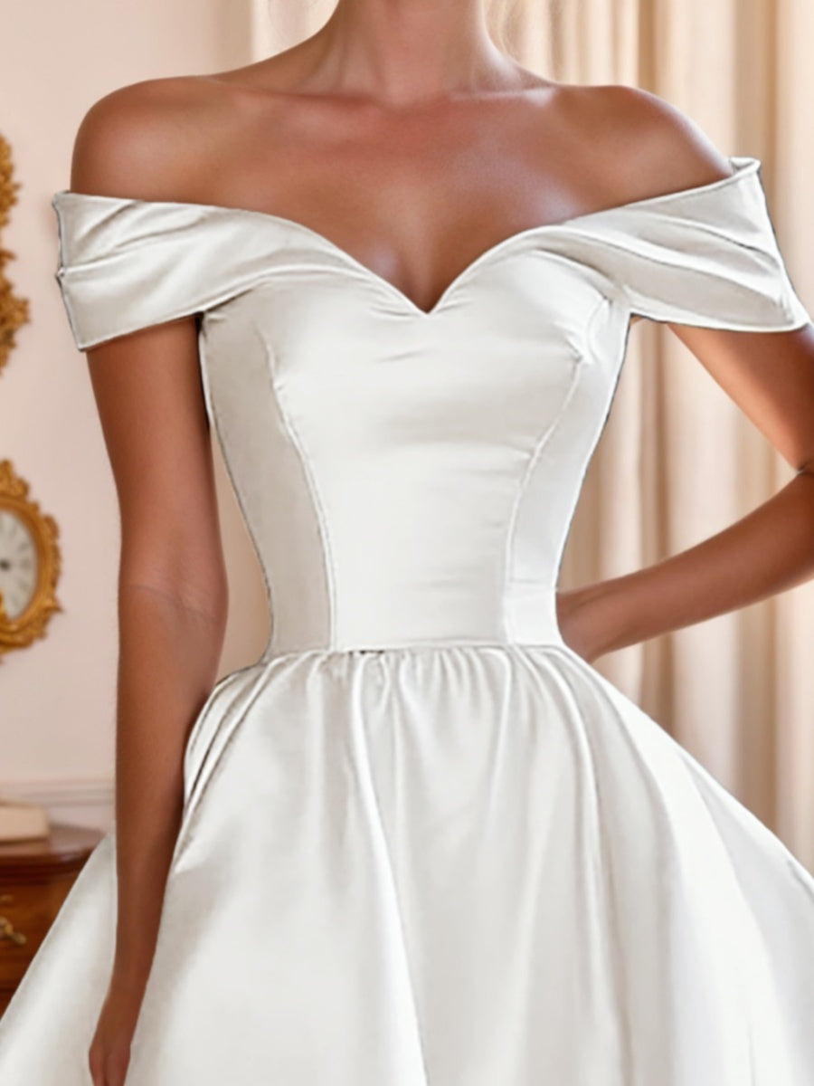 Asymmetrical Off-the-Shoulder A-Line Princess Wedding Dresses with Ruched Detail