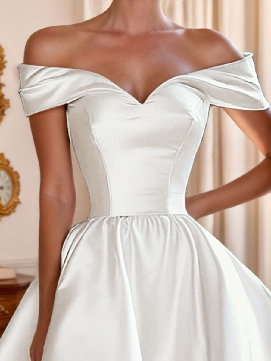 Asymmetrical Off-the-Shoulder A-Line Princess Wedding Dresses with Ruched Detail