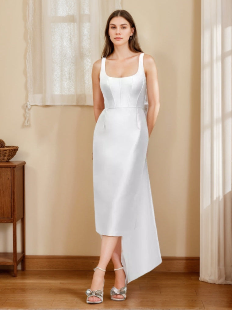 Sleeveless Wedding Dress with Floor-Length Bow and Sheath/Column Scoop