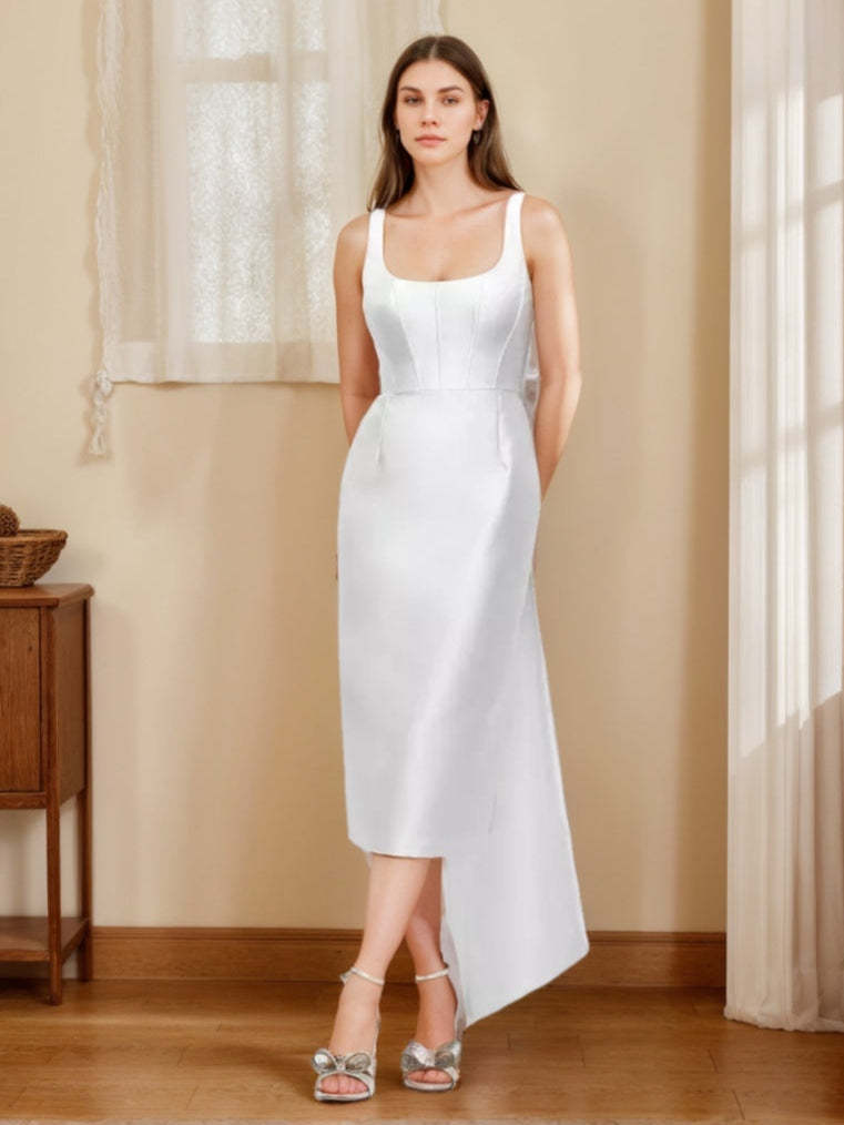 Sleeveless Wedding Dress with Floor-Length Bow and Sheath/Column Scoop
