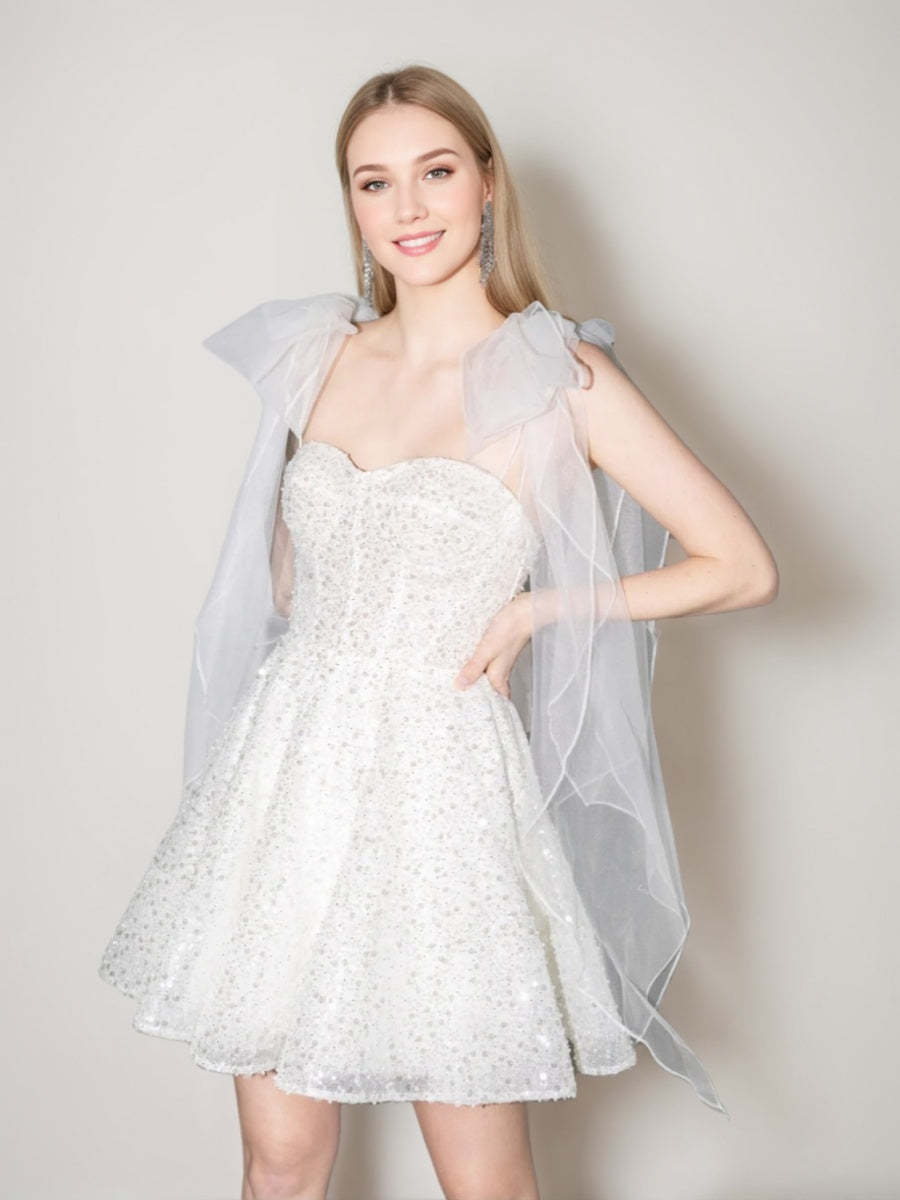 Short A-line Princess Wedding Dress with Spaghetti Straps and Detachable Tulle Bow, Featuring Sequins-BMbridal.UK
