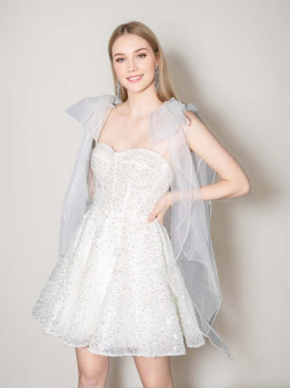 Short A-line Princess Wedding Dress with Spaghetti Straps and Detachable Tulle Bow, Featuring Sequins-BMbridal.UK