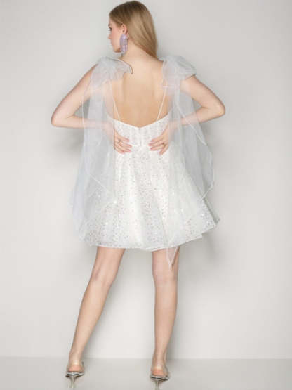 Short A-line Princess Wedding Dress with Spaghetti Straps and Detachable Tulle Bow, Featuring Sequins-BMbridal.UK