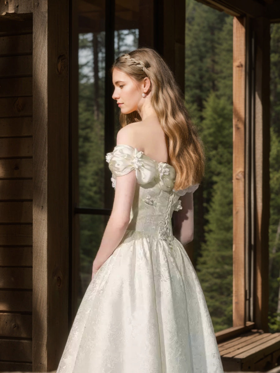Princess A-line Off-the-Shoulder Floor-Length Wedding Dress with Ruched Pleats, 3D Flowers, Lace-up, and Embroidery-BMbridal.UK