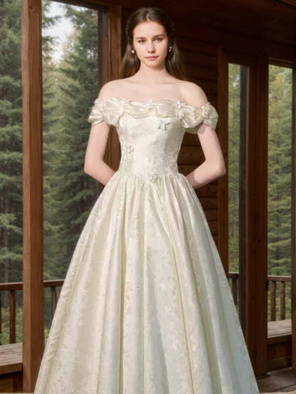 Princess A-line Off-the-Shoulder Floor-Length Wedding Dress with Ruched Pleats, 3D Flowers, Lace-up, and Embroidery-BMbridal.UK