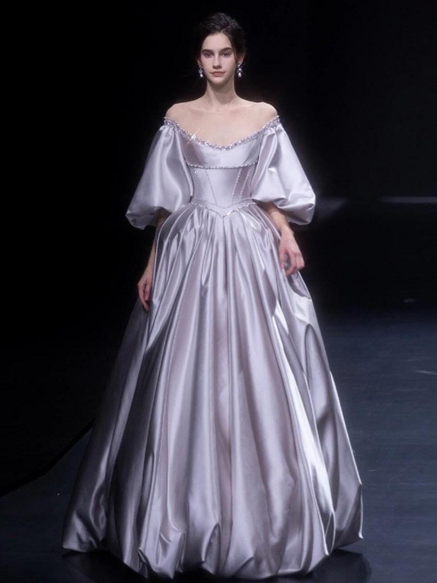 Princess A-line Off-the-shoulder Floor-length Pleated Wedding Dresses with Puff Sleeves and Crystals