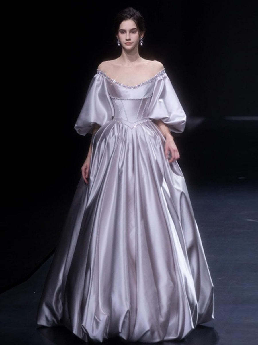 Princess A-line Off-the-shoulder Floor-length Pleated Wedding Dresses with Puff Sleeves and Crystals