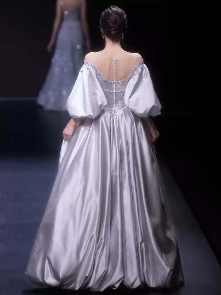 Princess A-line Off-the-shoulder Floor-length Pleated Wedding Dresses with Puff Sleeves and Crystals