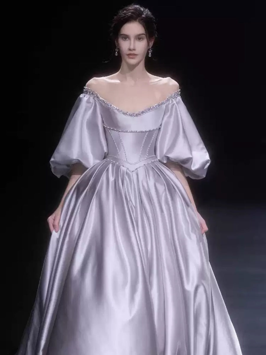 Princess A-line Off-the-shoulder Floor-length Pleated Wedding Dresses with Puff Sleeves and Crystals